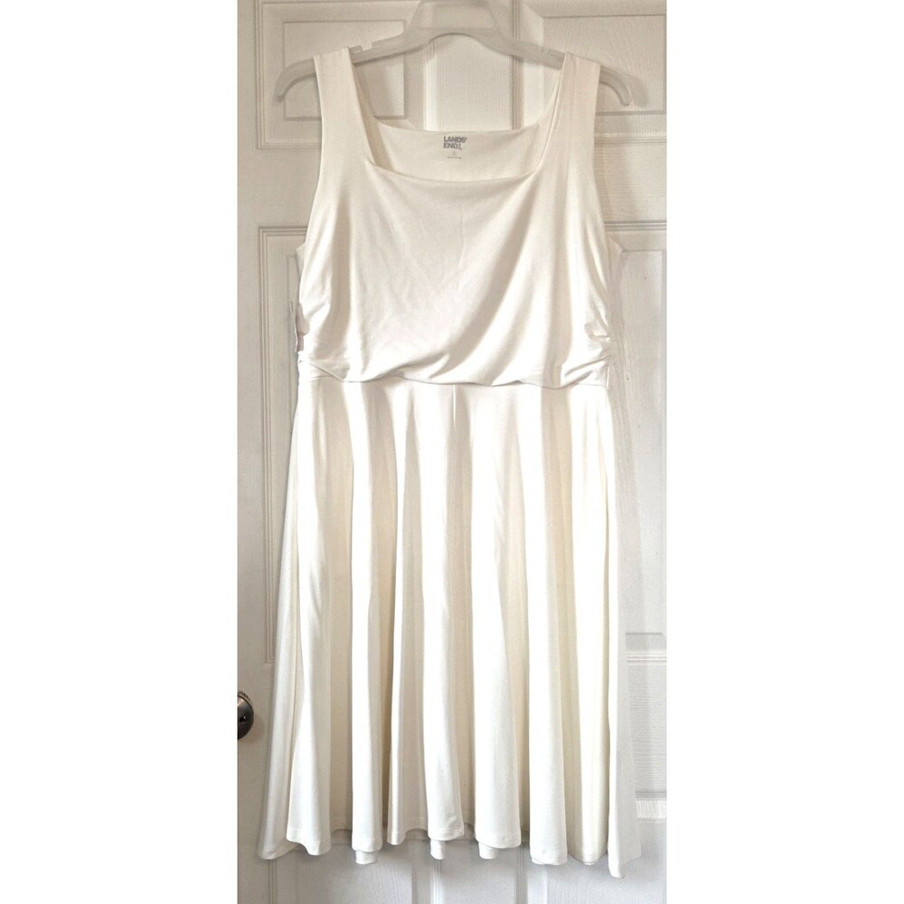 LANDS' END Ivory Soft Knit Dress Sleeveless Pockets Stretch Women's Size L NWT